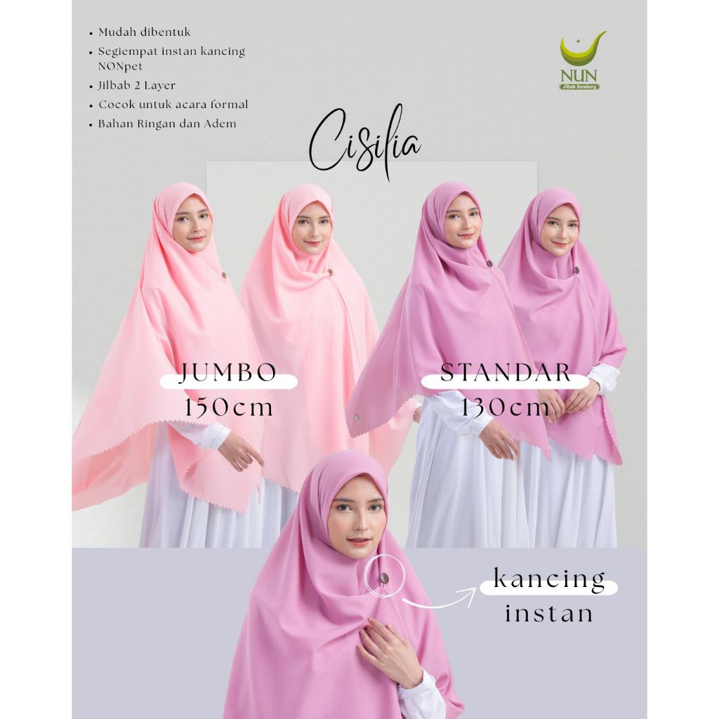 Jilbab Cisilia NUN JILBAB / Segiempat instan kancing non pet / segiempat instan 130
