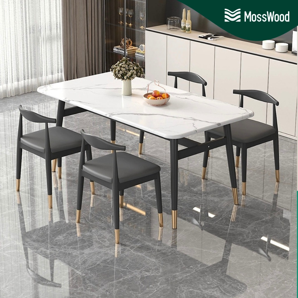 MossWood Set Meja Kursi Makan Minimalis Putih PVC/Besi 120x60x75cm 4 Orang Desain Elegan Tahan Gores