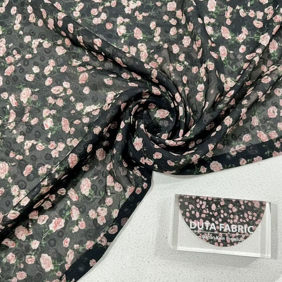 Kain Sifon Print Bunga Mawar Kecil Rubiah Dot | Bahan Gamis Outer Wanita Terbaru (Harga Per 0,5)KYT