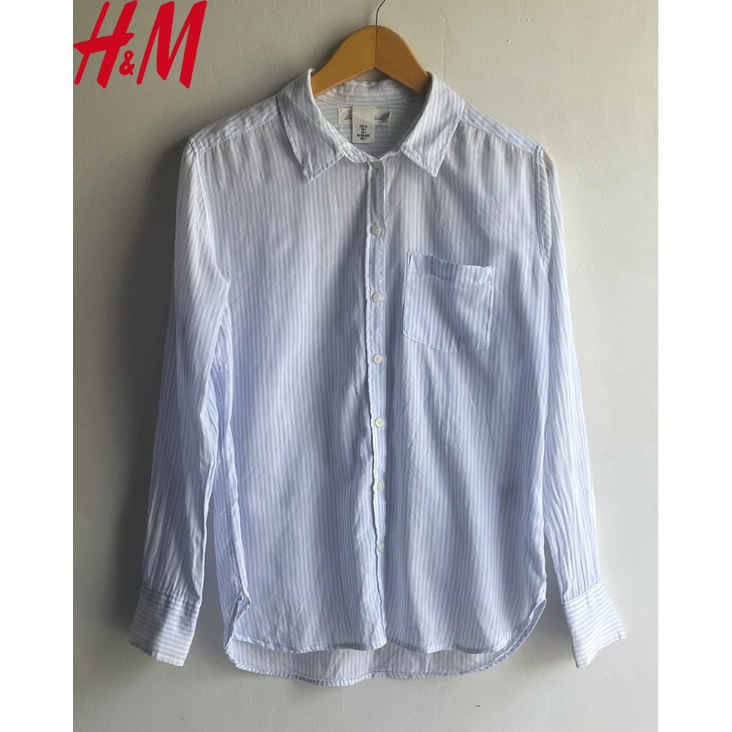 kemeja salur biru h&m