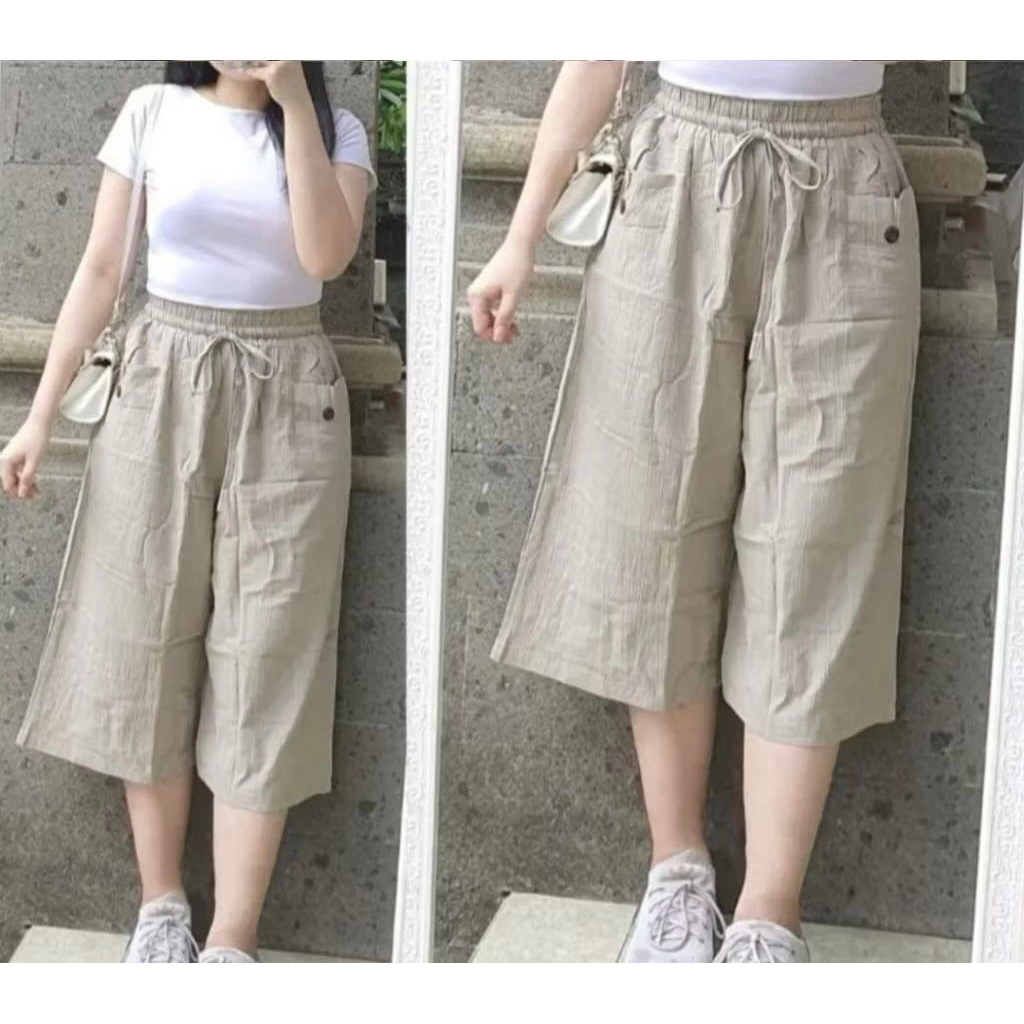 Celana Viona 7/8 Kulot Linen Cringkle Celana Kulot Jumbo Celana Wanita Santai buat sehari -hari/Cela