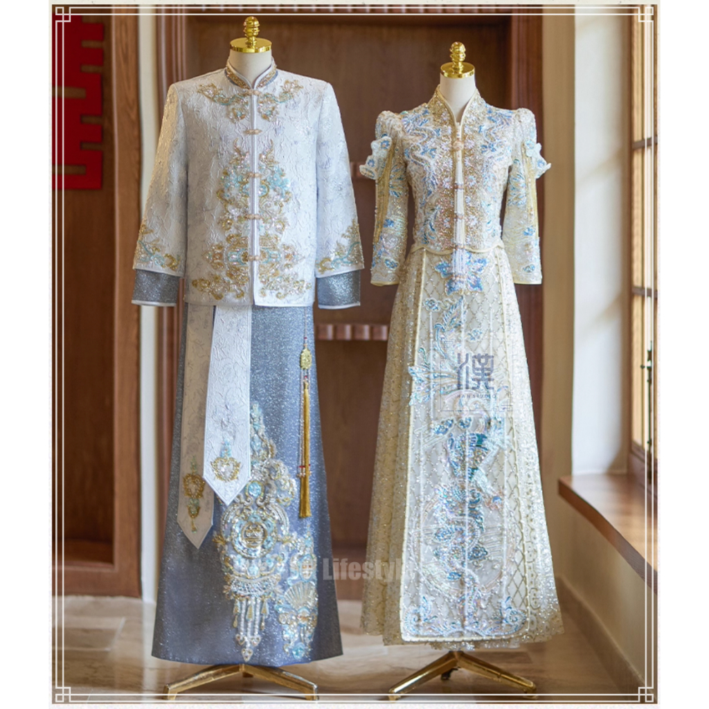 COUPLE SET SANGJIT BIRU BLUE SILVER CHINESE TING JIN WEDDING GOWN HS251101