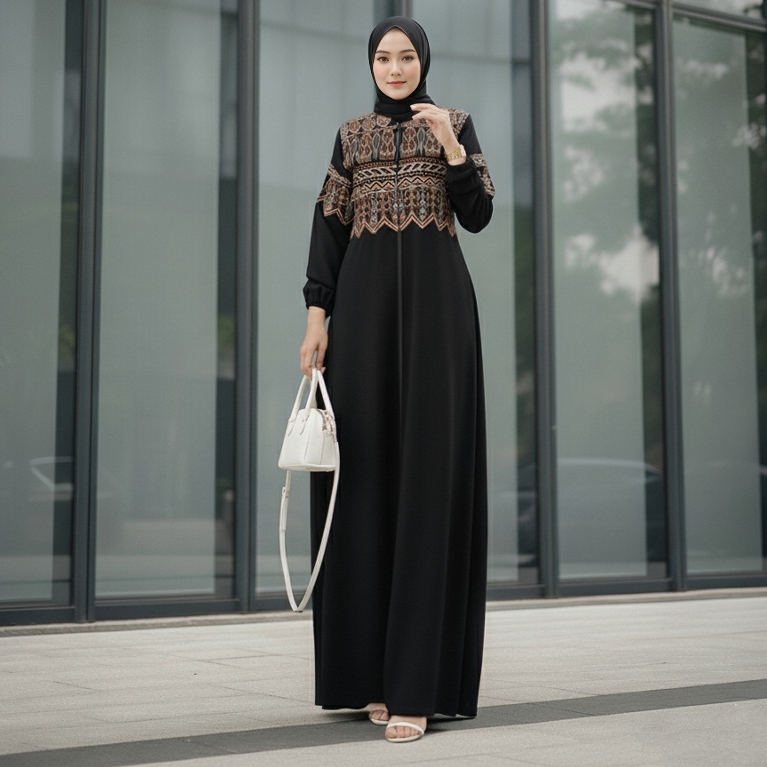Abaya Modern Jetblack Resleting Depan - Gamis Hitam Bordir Etnik Premium Arab Mewah