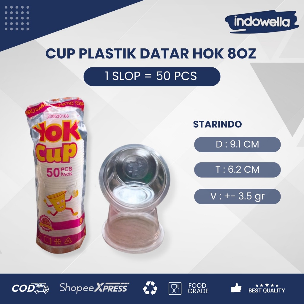 Gelas / Cup Plastik Datar Hok 8oz , Gelas Kecil Bening