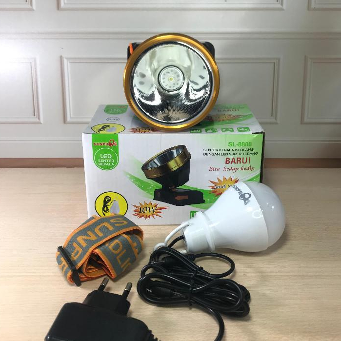 Senter Kepala LED Sunpro SL-8808 Jarak 2000 M Bonus Bola lampu 10 Watt SL 8808 ON OFF PENCETAN