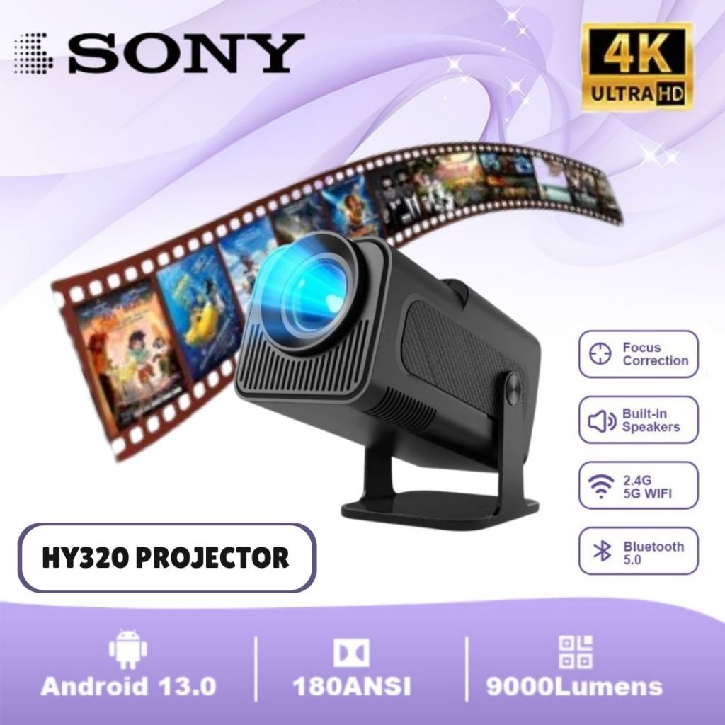 Proyektor HY320 4K UHD Android 11.0 1080P Proyektor Mini Portabel Penyesuaian Rotasi Otomatis 180°