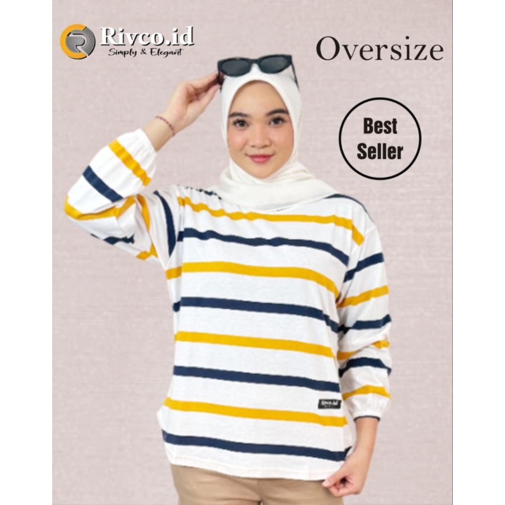kaos wanita lengan panjang jumbo motif salur