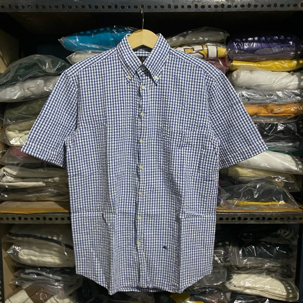Etro Milano Gingham Seersucker S/S Shirt Biru Size 38 73x56 Made in Italy