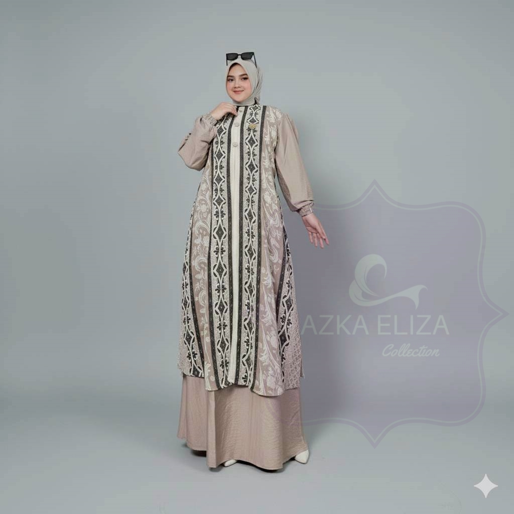 AZKA ELIZA - Gamis Maxi Dress Layer Outer Panjang Setelan Motif Batik Modern Elegant Kondangan
