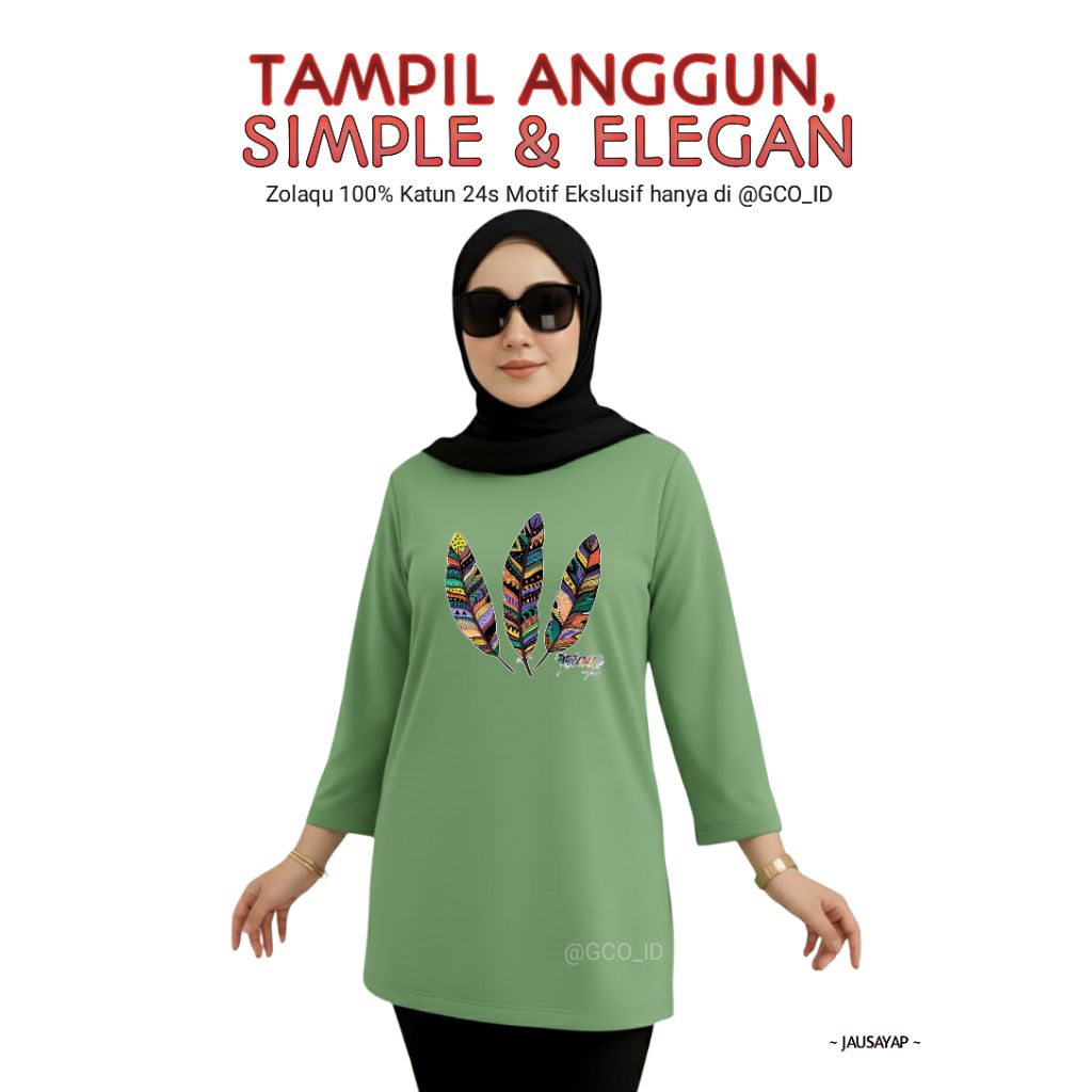 Kaos Semitunik Zolaqu Original Terbaru 2025 Hijau Sage | Oversize ZLQ Tunik Motif Sayap Lengan Panja