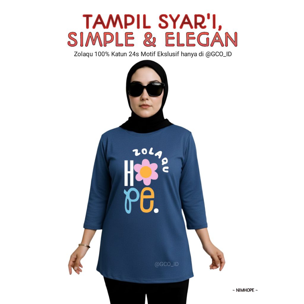 Semitunik Zolaqu Original Wanita Terbaru | Kaos Oversize Biru Denim Motif Hope Kekinian 2025 Lengan 