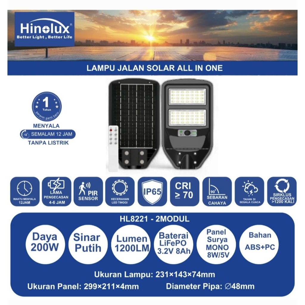 HINOLUX LAMPU JALAN LED SOLAR PANEL 200W HL8221 / LAMPU LED PJU 200W HINOLUX SNI