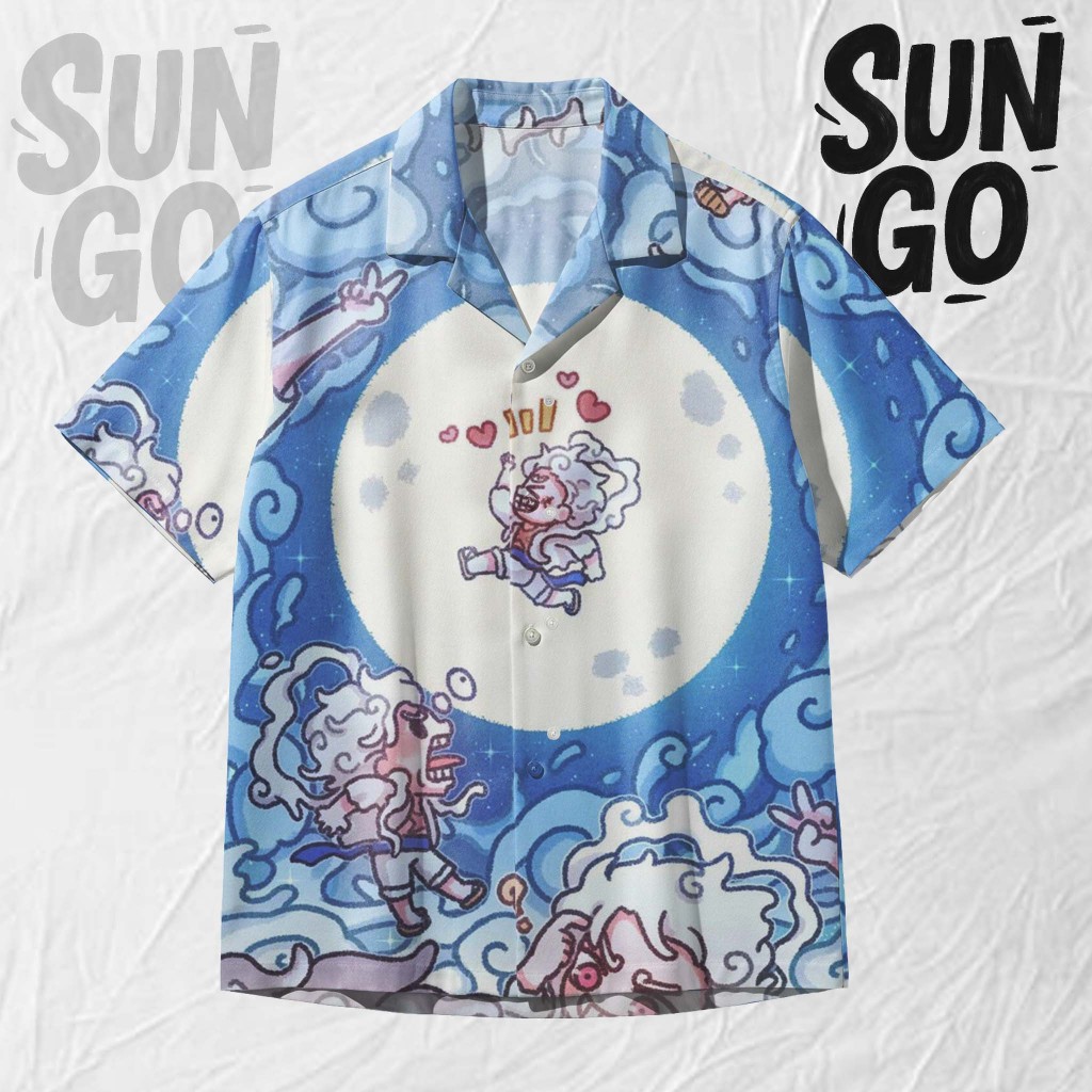 SUN GO Kemeja Anime One Piece – Baju Pria Motif Luffy Gear 5 Chibi Lucu | SG195