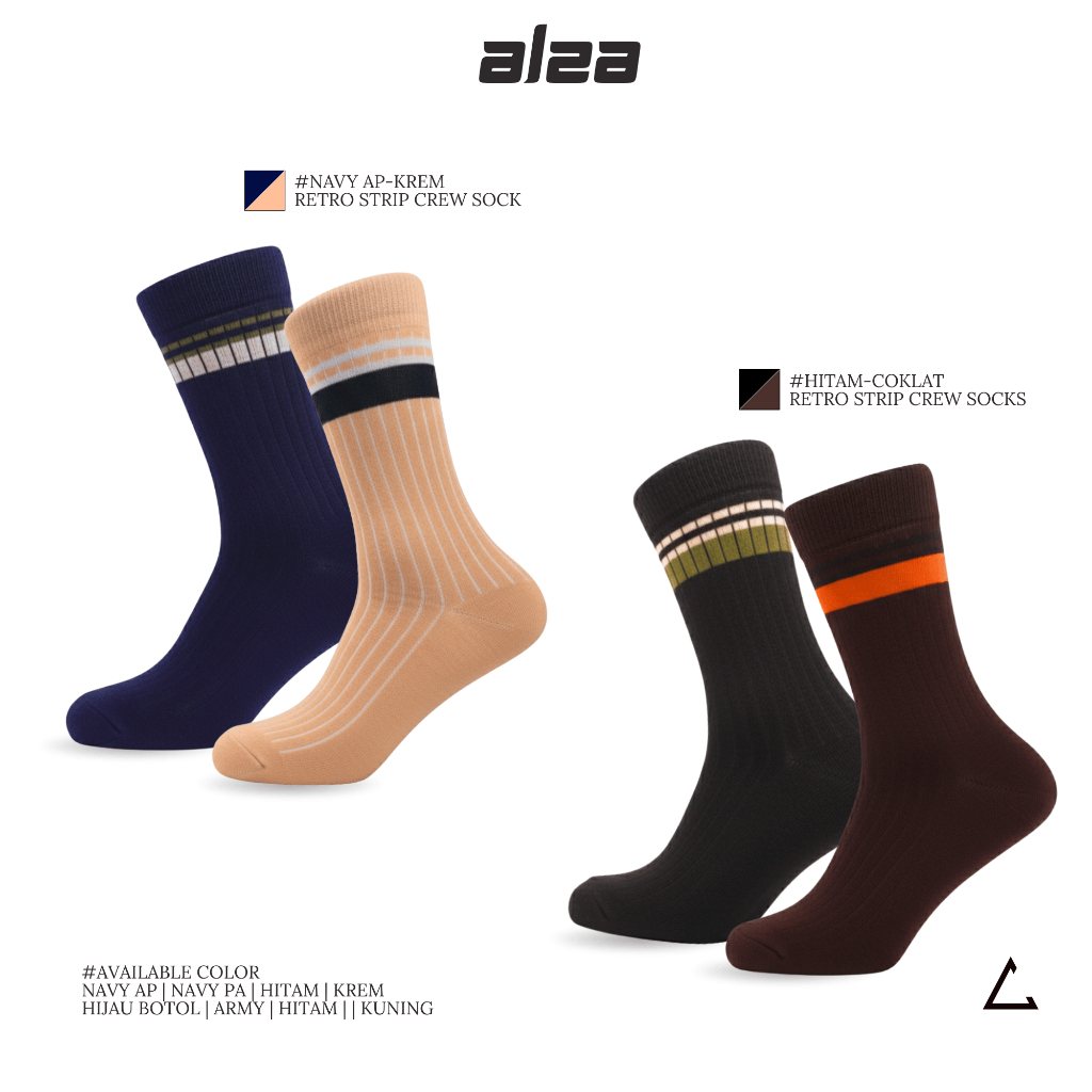 ALZA Kaos Kaki Cowok Crew Motif Salur Keren Garis Atas Kaos Kaki Pria Casual Style Retro