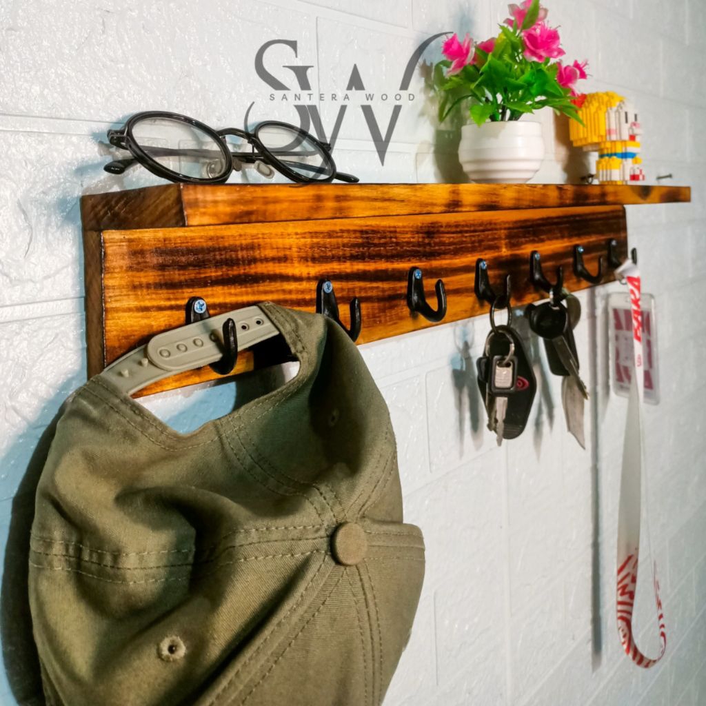 kapstok gantungan kunci aesthetic/ Rak dinding kayu Multifungsi/ Tempat gantungan  baju topi jaket