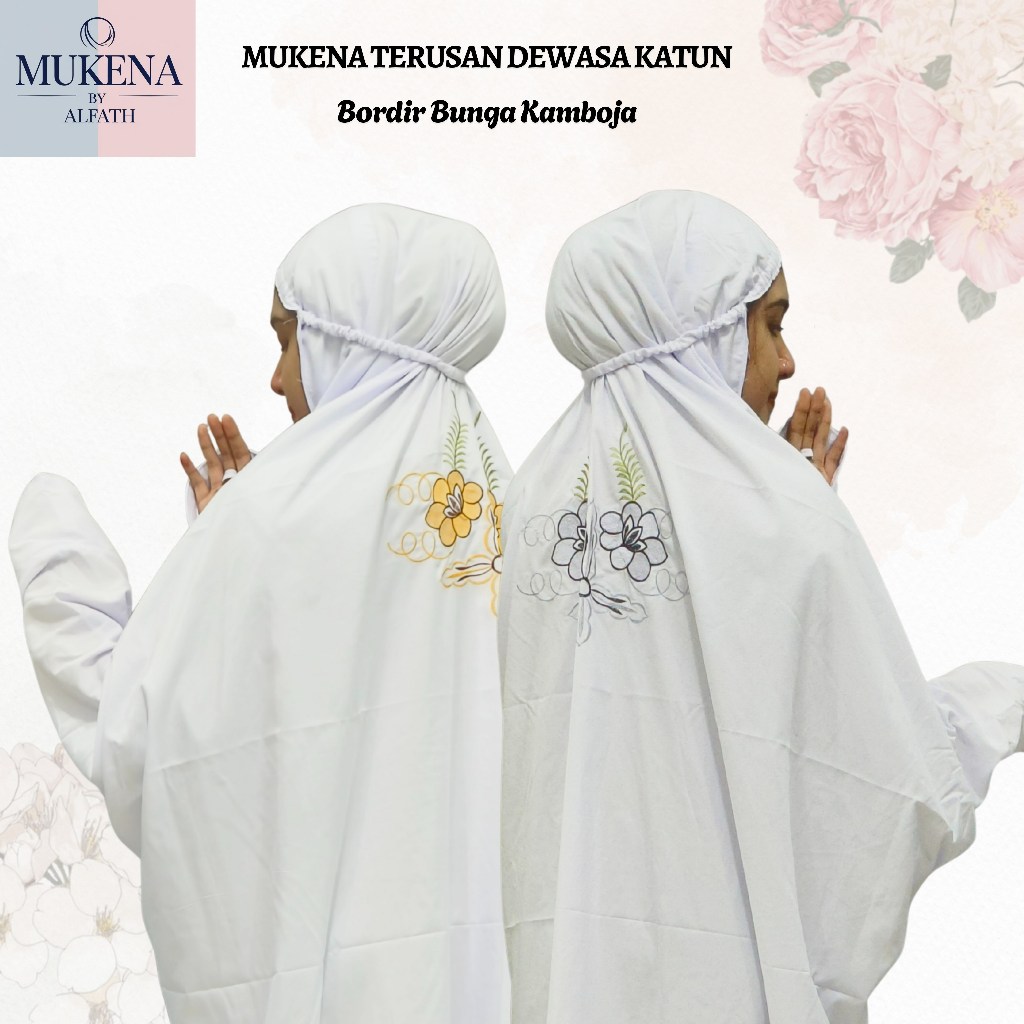 Mukena Terusan Dewasa Katun Mikro Super Soft Bordir Punggung Motif Bordir Bunga Kamboja Indah