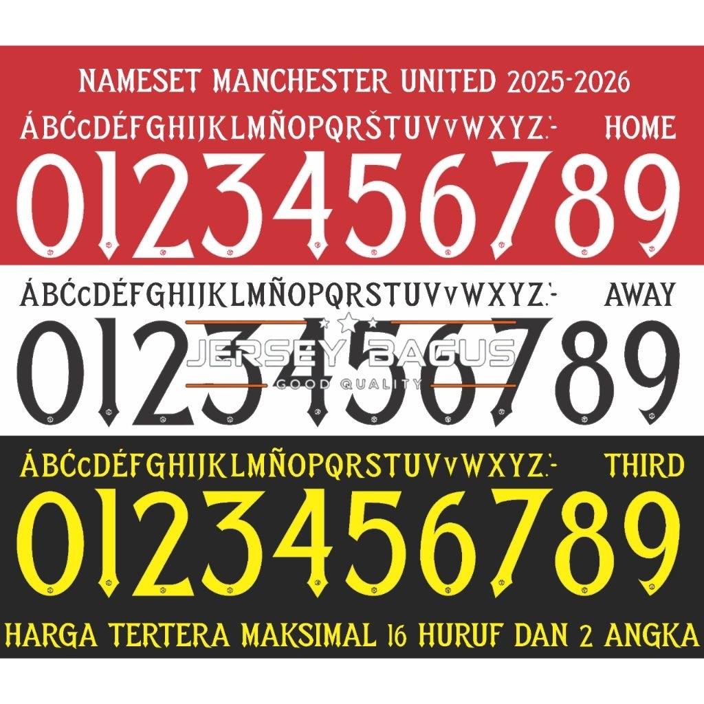 NAMESET MU MANCHESTER UNITED CUP PRINTING HOME AWAY 3RD (Harga Tertera Maksimal 16 Huruf dan 2 Angka