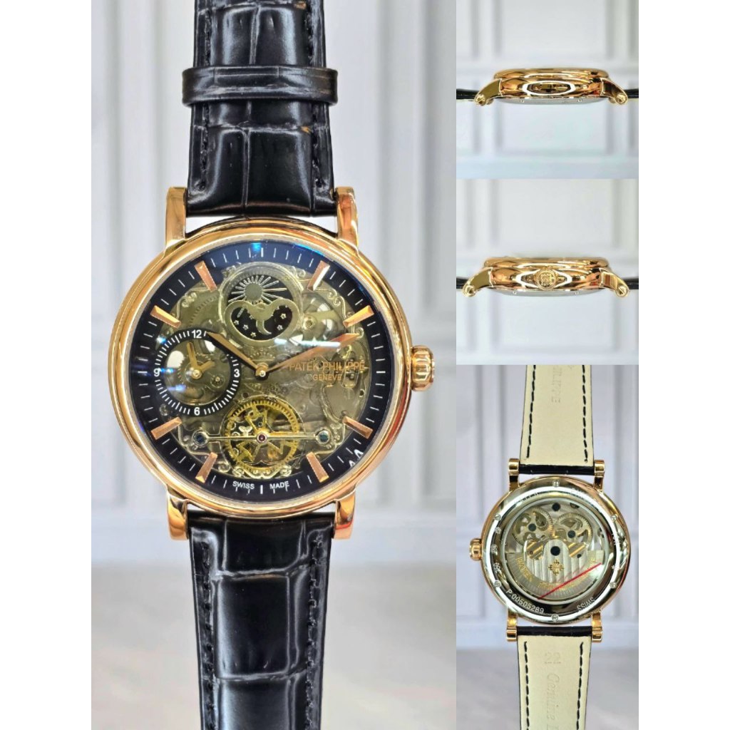 Jam Tangan Pria / Cowok Patek Philippe Skeleton Croco Leather Automatic Autenthic Fesyen Watch
