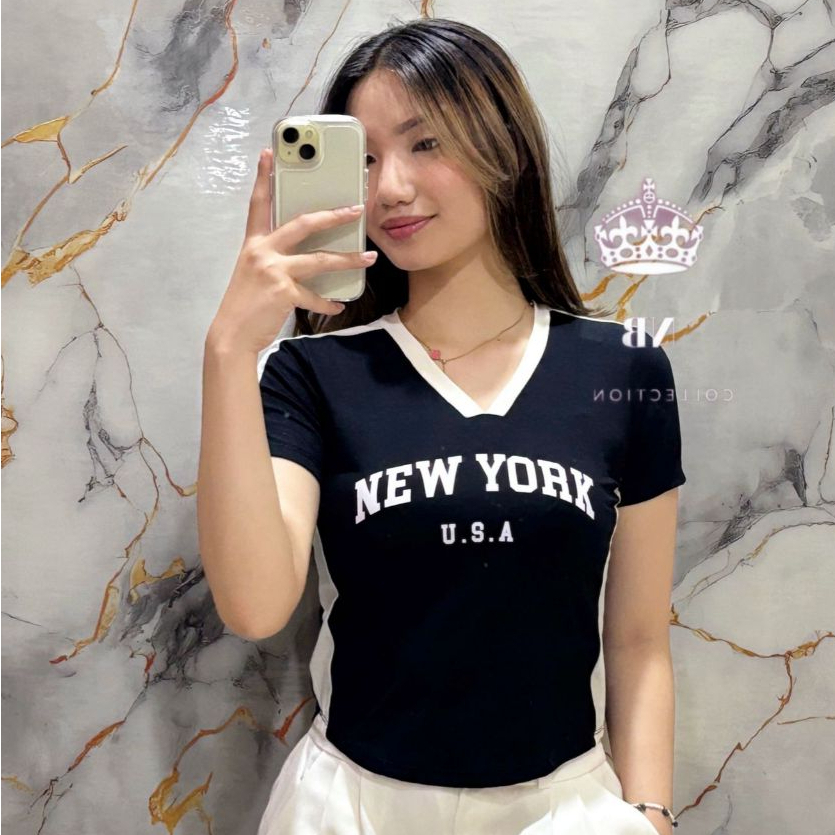 Kaos Crop Top Tee V-Neck Lengan Pendek Baju Wanita / Kaos Wanita / Atasan Wanita Terbaru Cod 9417 NY