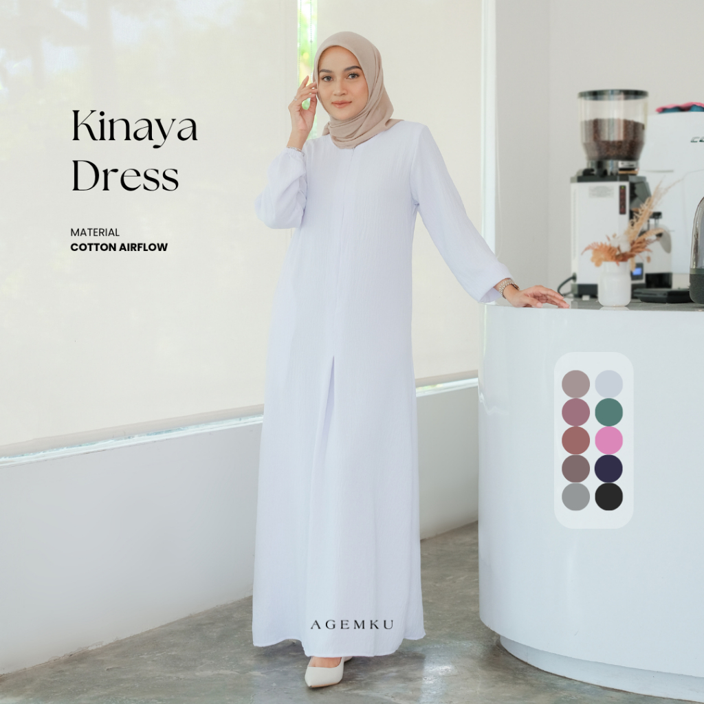 (FLASH SALE Kinaya Dress - Cotton Airflow) Gamis Daily Kondangan Lebaran Slim Look - Ready Size Keci