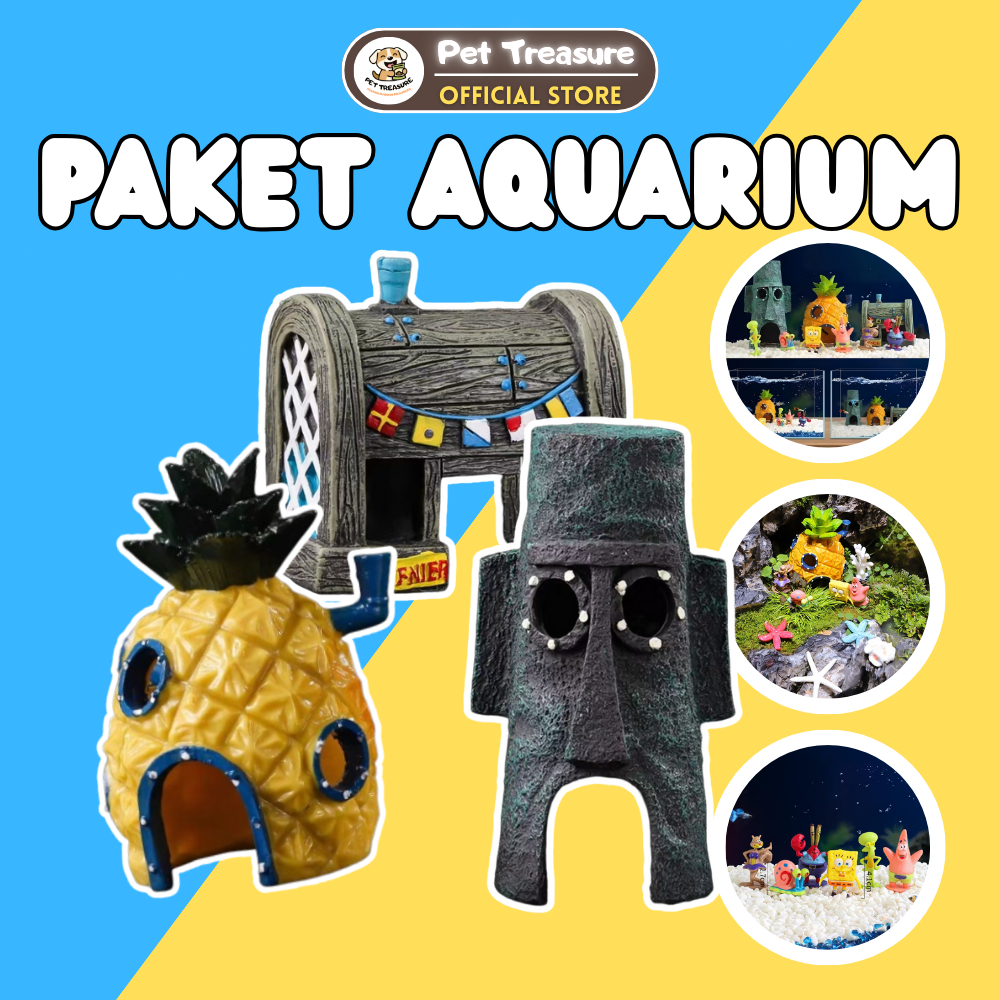 Paket Dekorasi Aquarium Spongebob 40cm dengan Hiasan Aquascape untuk Tangki Ikan Melengkung 0232+
