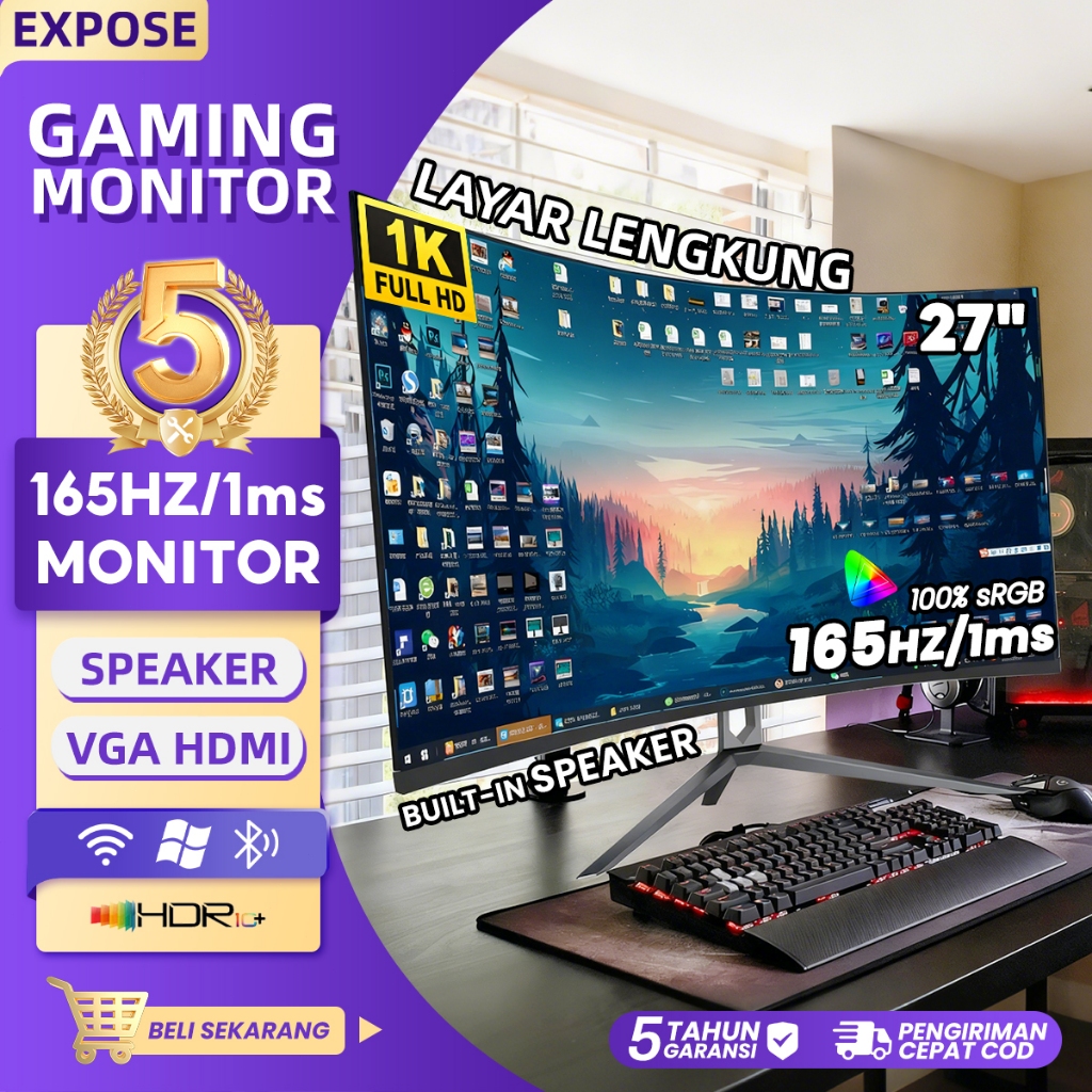 Monitor Lengkung 27 Inch 165Hz 1ms Gaming Monitor HDR dengan Speaker + Bonus Kabel VGA & HDMI