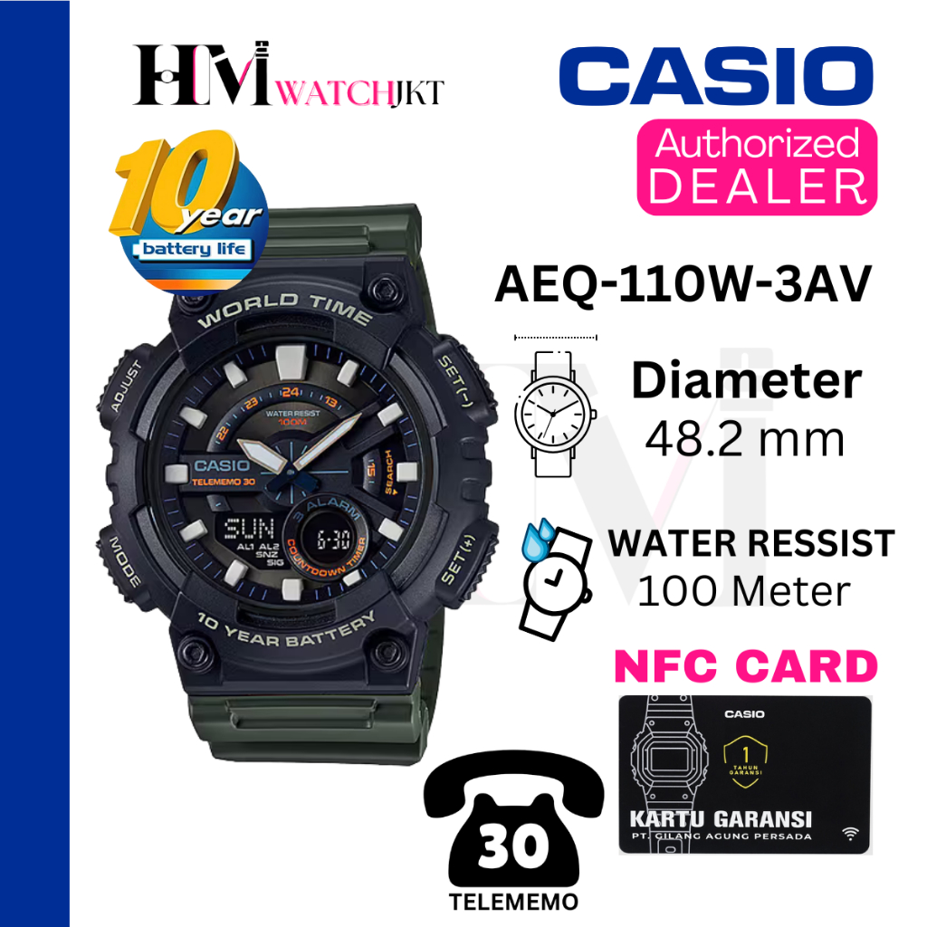 CASIO AEQ-110W-3AVDF Jam Tangan Pria Original Analog-Digital Rubber Antiair AEQ-110W-3AV AEQ-110