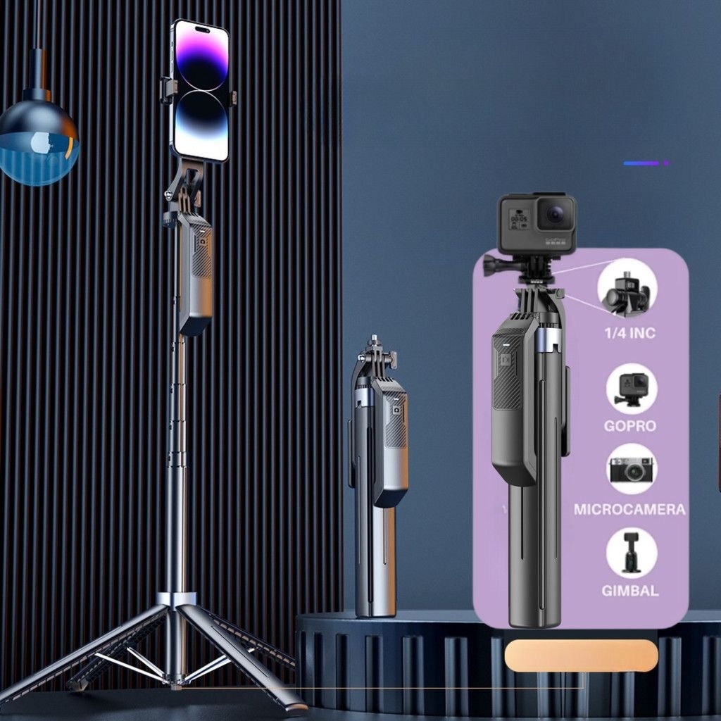 P19 TRIPOD TONGSIS GIMBAL TONGKAT SELFI KONTEN KAMERA HP HOLDER ANTI GOYANG QUADPOD 4 KAKI 1,8M ROTA