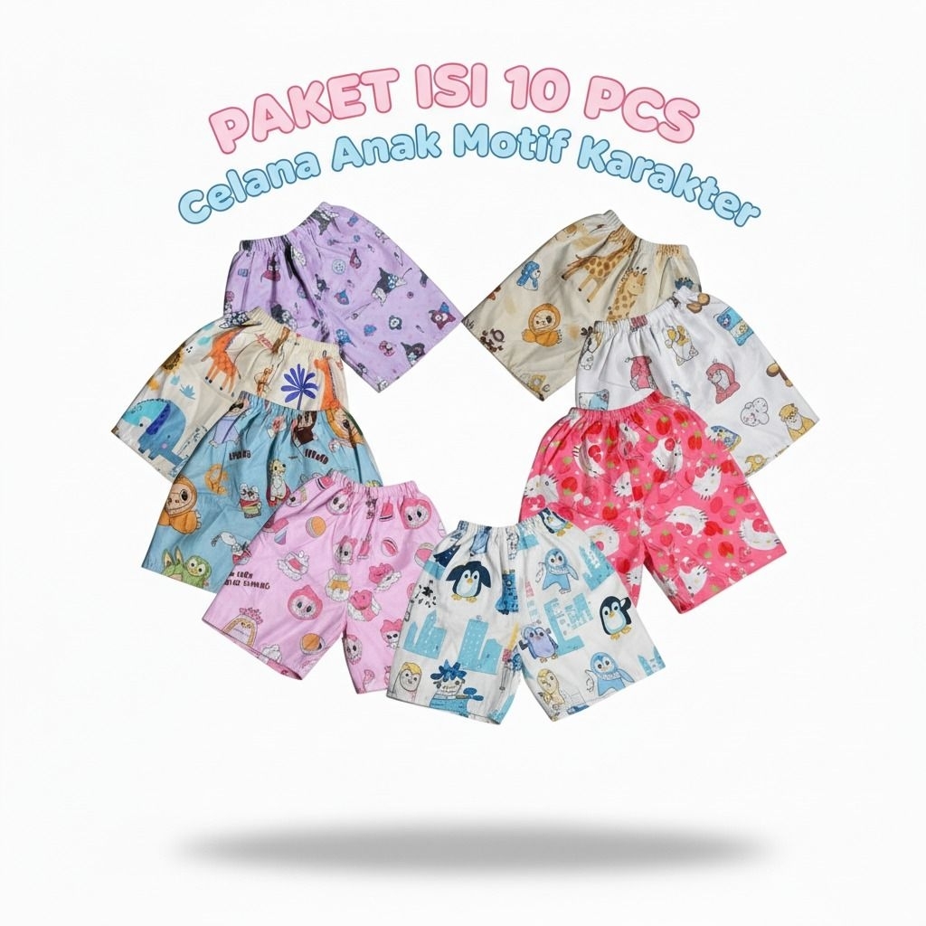 Paket Isi 10 Pcs Celana Pendek Anak Perempuan Motif Karakter 1-10 Tahun Celana Kolor Anak Motif Kart