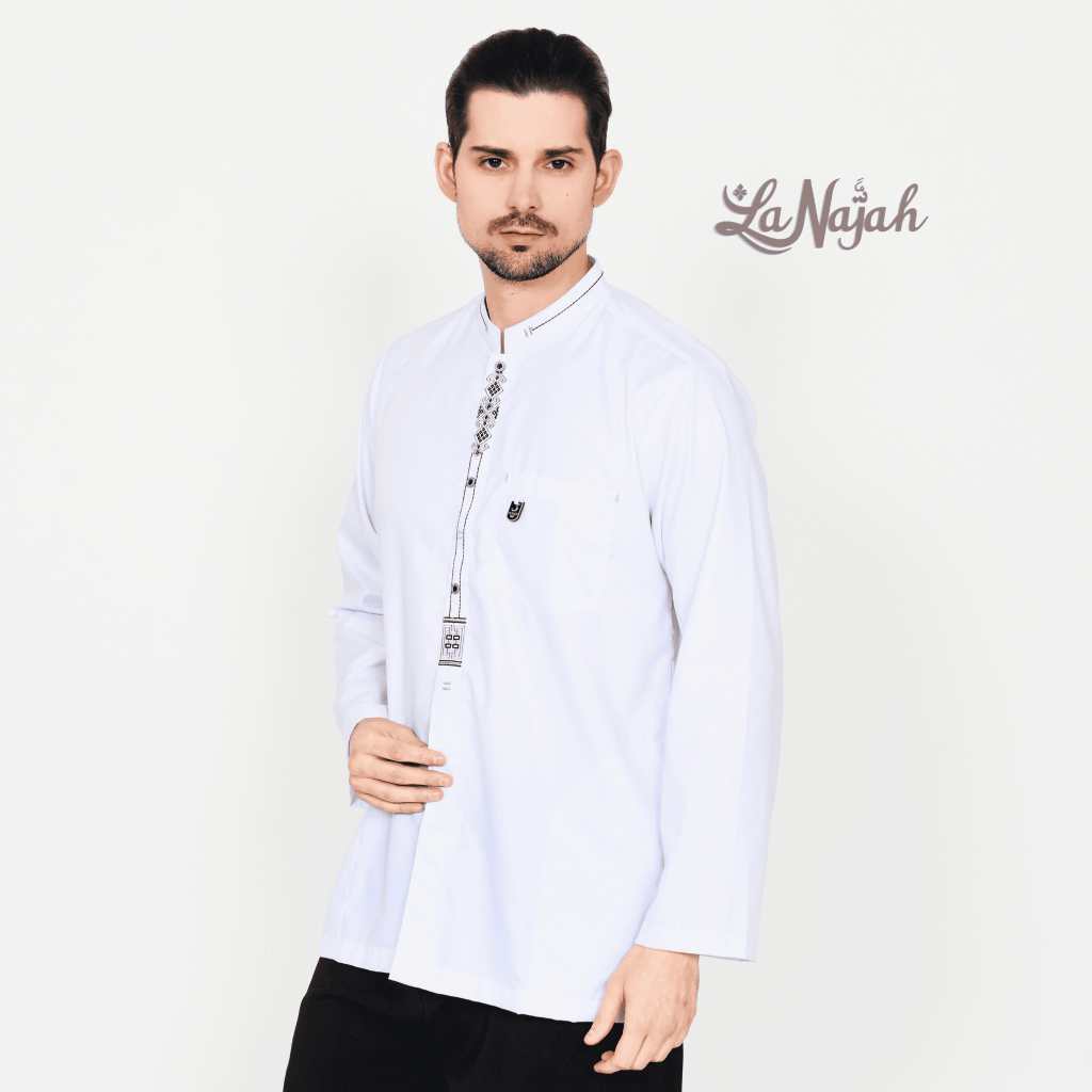 LaNajah-Baju Koko Pria Dewasa Lengan Panjang Toyobo Bordir Simpel Seragam Hadroh Bordir Simple