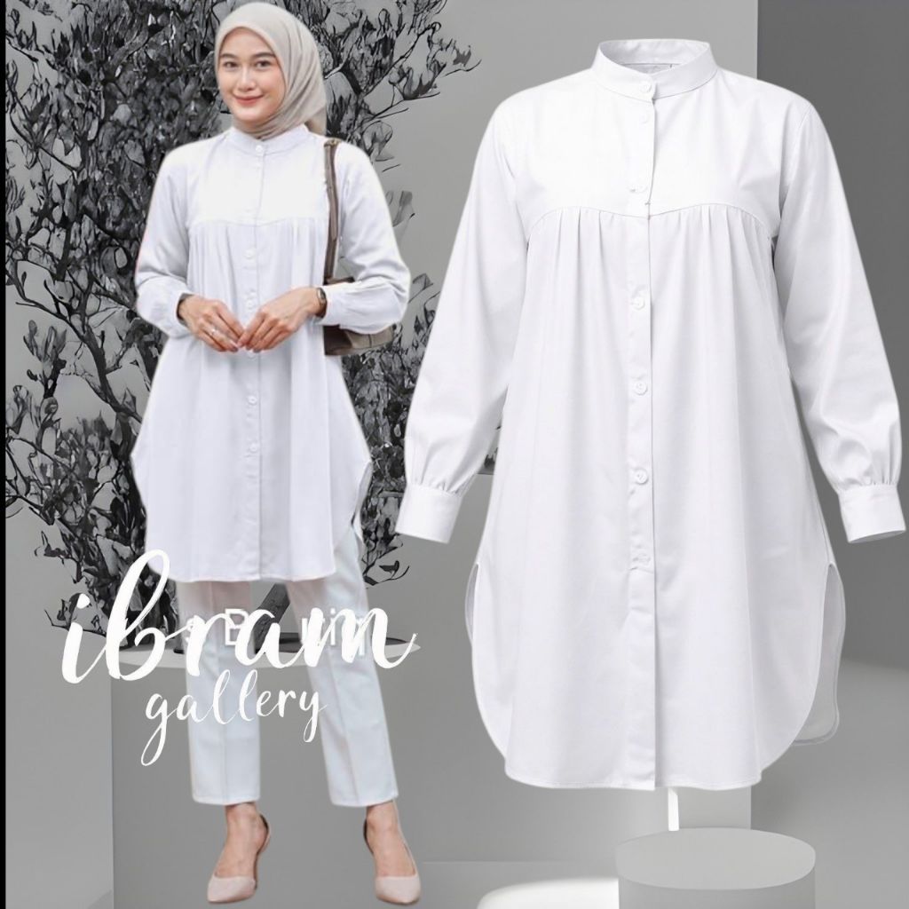 Tunik Wanita Putih Bahan Rayon Premium Full Kancing Depan Lengan Panjang