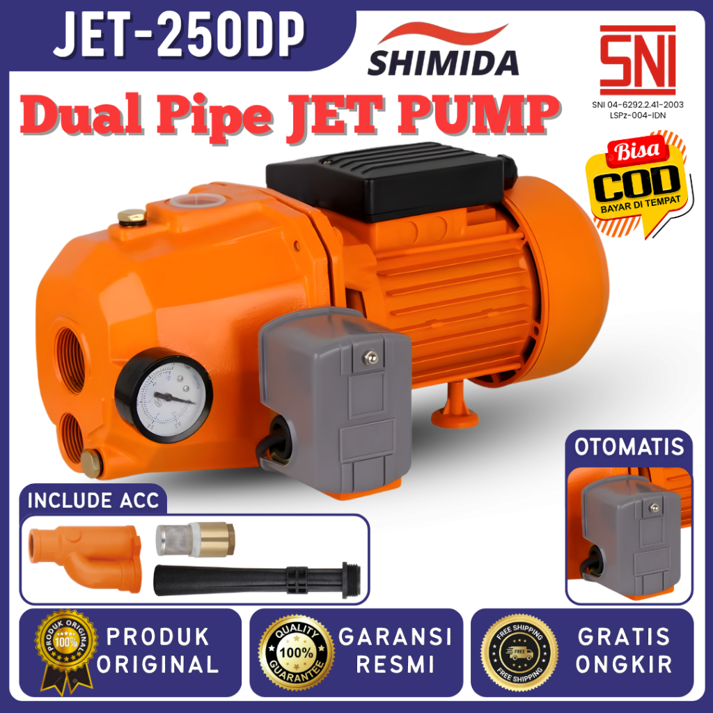 Shimida JET PUMP Otomatis JET-250DP Rumah Tangga Jet Pump Sumur Dalam Daya Hisap 30 Meter