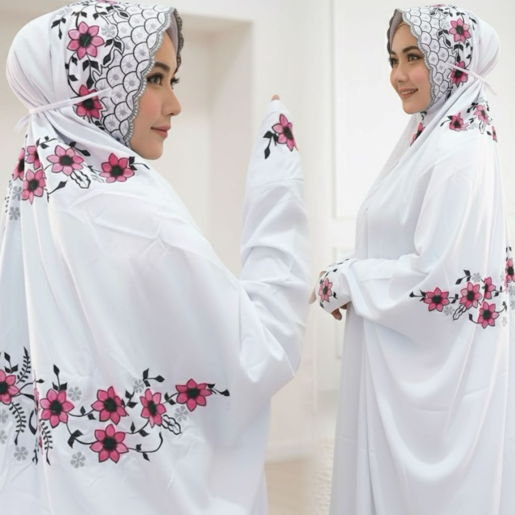 MUKENA DEWASA PUTIH LAJURAN BORDIR KAIN POLINO MIKRO LEMBUT | MUKENA TERUSAN BORDIR KATUN JUMBO REMA