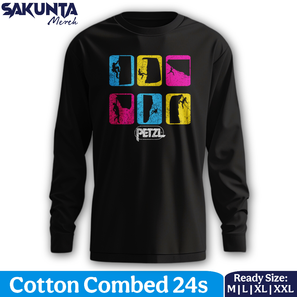 sakunta merch Kaos Petzl Climbing Unisex pria dan wanita Cotton Combed pendaki gunung lengan panjang