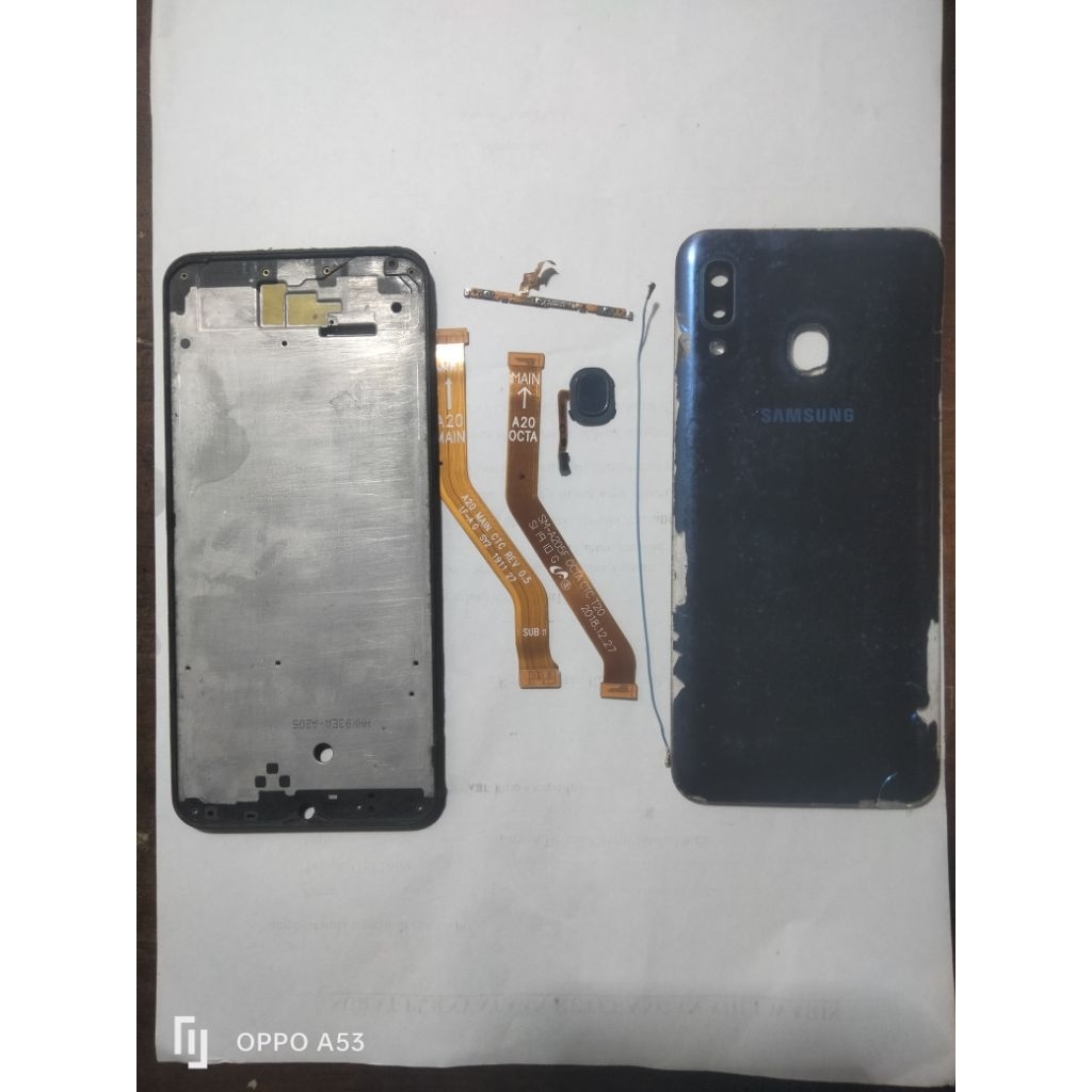 Sparepart Samsung A20 Original Copotan Backdoor, Frame tatakan / Tulang Tengah, Flexible Board / LCD