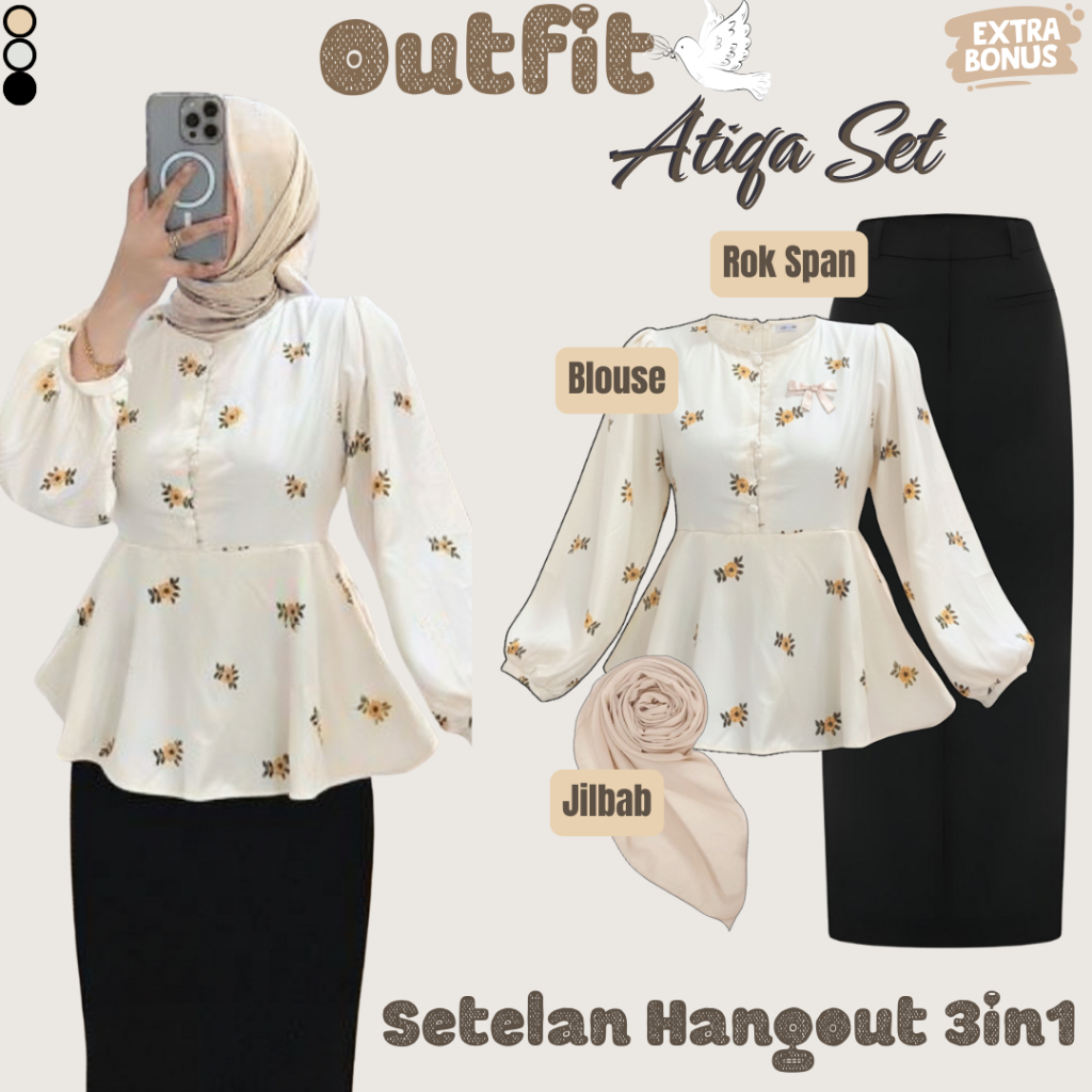 Atiqa Set Outfit Wanita 3in1 ( Blouse + Rok Span + Jilbab ) Oneset Hangout Kekinian Setelan Elegan
