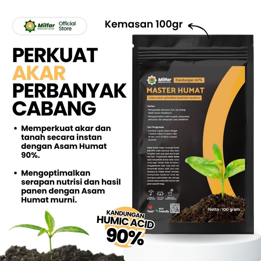 Asam Humat 90% Pembenah Tanah - Master Humat MILFAR.ID - Cepat Larut & Perkuat Akar 100 gram.