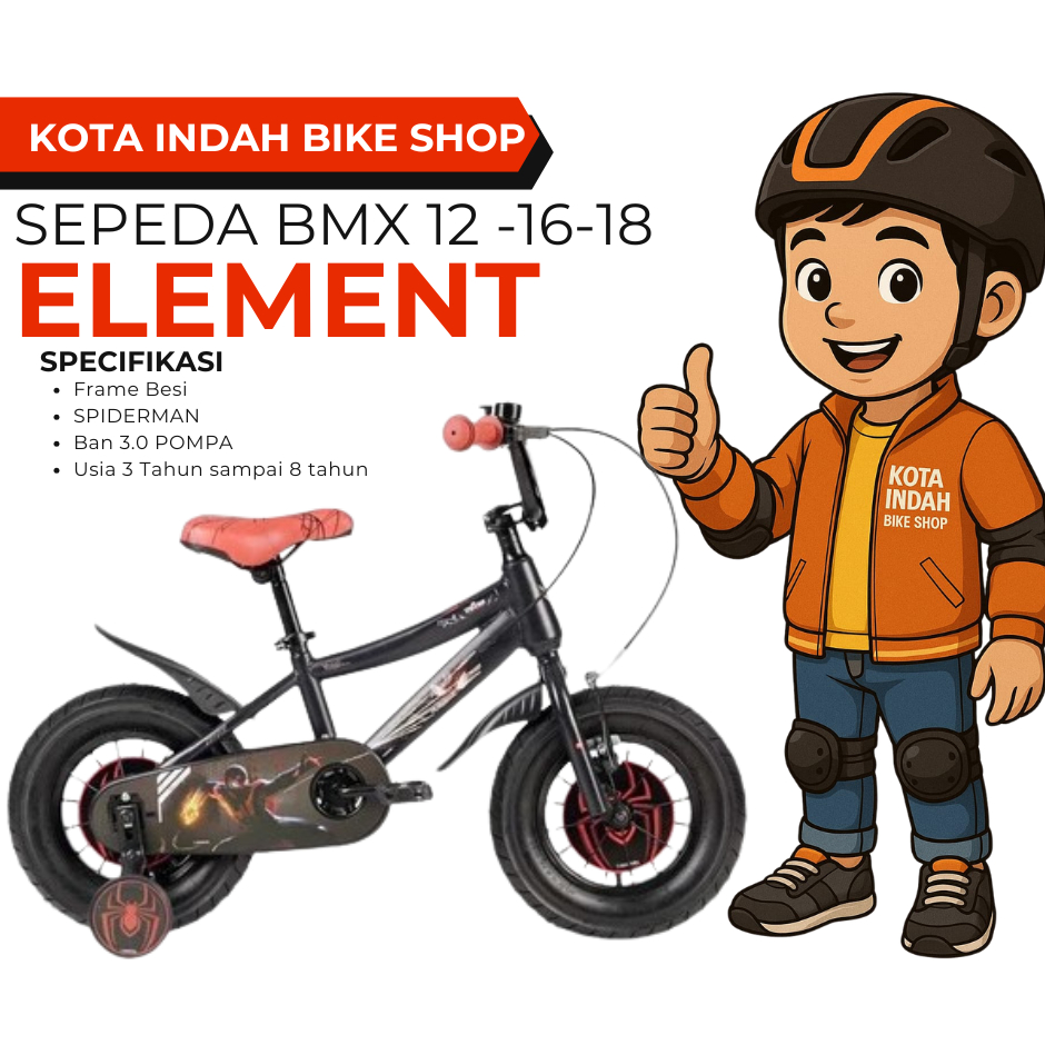 ELEMENT Sepeda anak BMX Yotel X3 SPIDERMAN 12 16 18 inch ban jumbo 3.0 anak laki laki usia 3 - 8 Tah