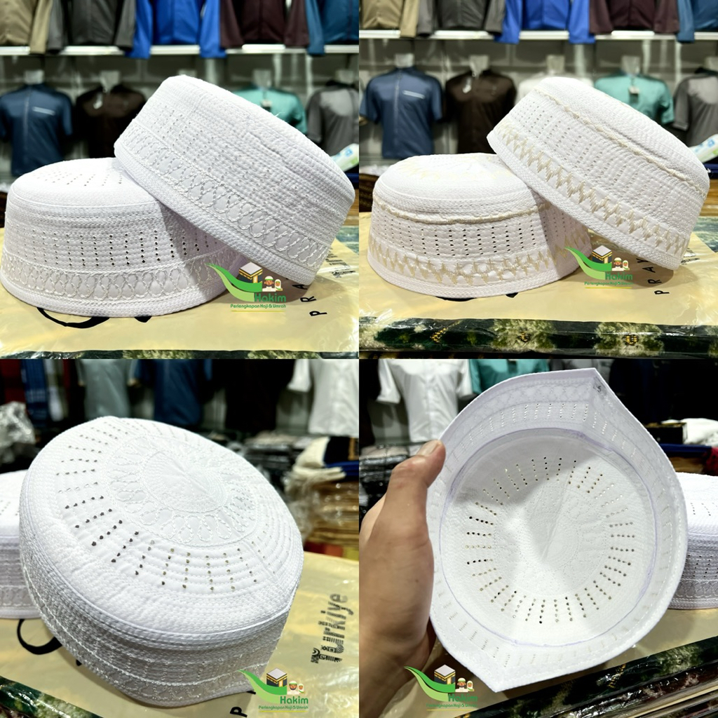 Kopiah Thailand Bolong ORIGINAL ( No.4 - No.9 ) Kopiah Putih Haji & Umroh Lobe Putih Jaring Peci Put