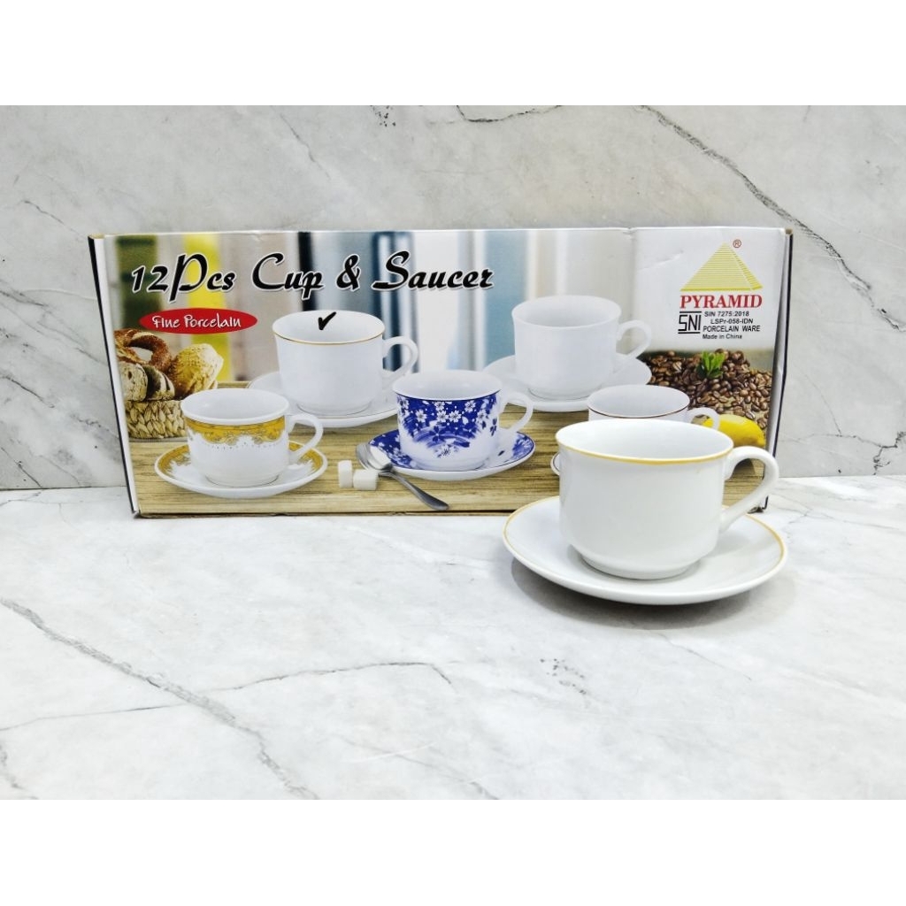 GELAS KERAMIK PYRAMID SET ISI 6 / GELAS BATU SET + TATAKAN / CANGKIR KERAMIK - PYRAMID