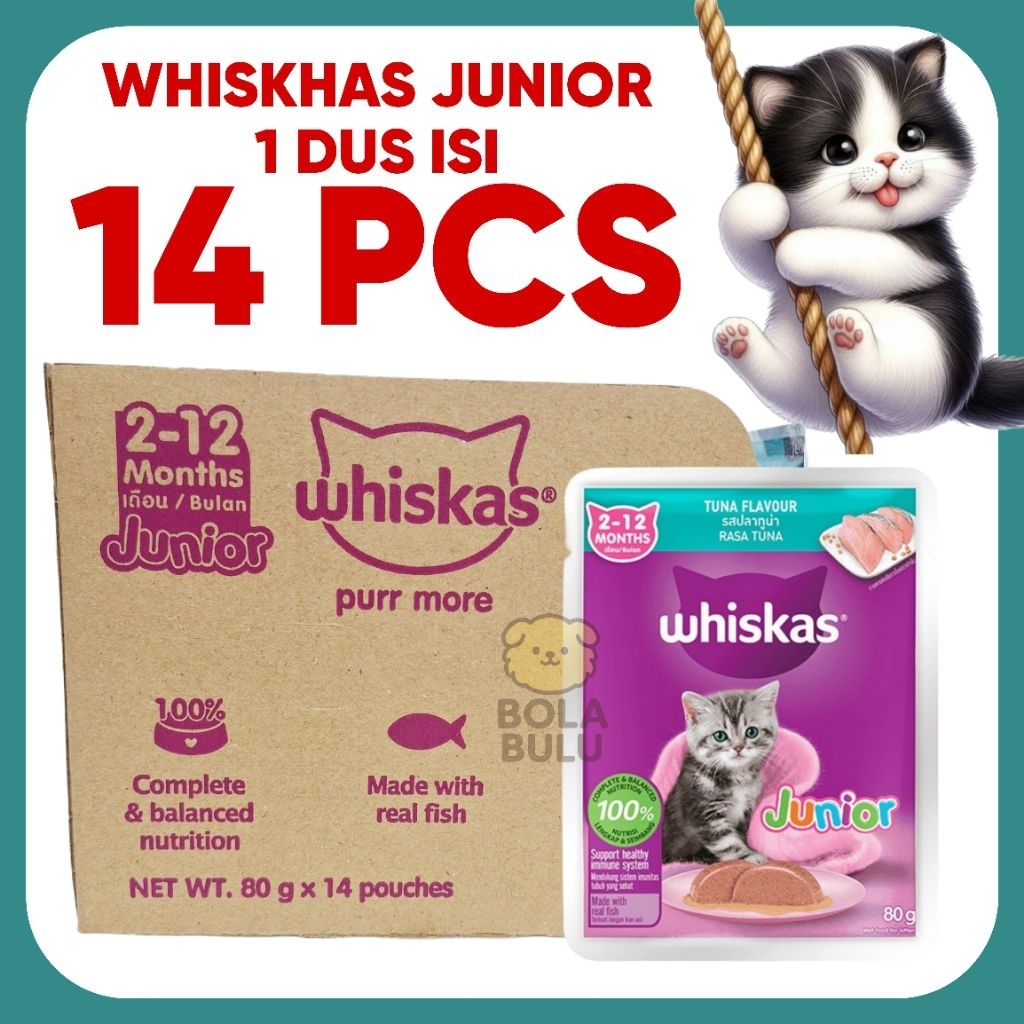 Whiskas Junior 1 Dus Slop isi 14 Pcs Makanan Basah Anak Kucing Wet Food Penggemuk Kitten