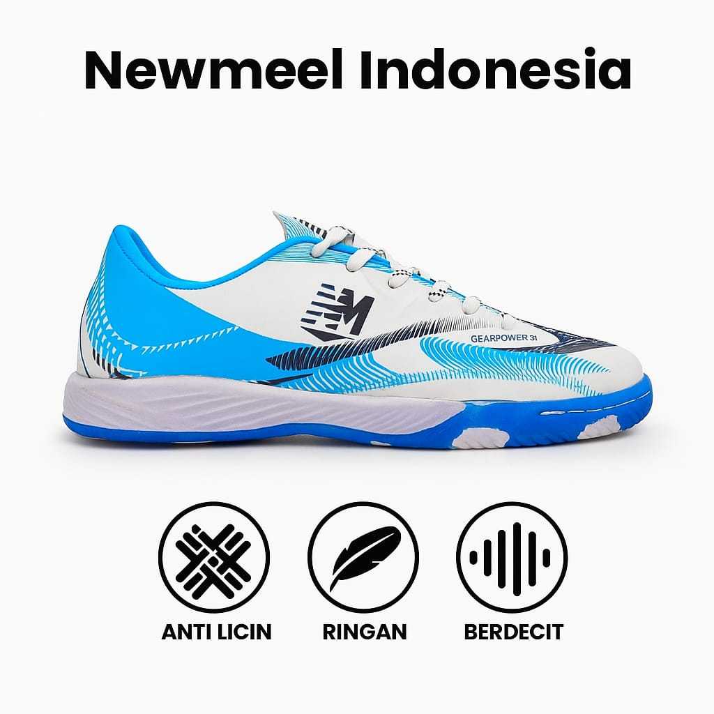 TERBARU SEPATU FUTSAL NEWMEEL Sepatu Futsal Gearpower0.1Putih Biru Tosca Sepatu FutsalOriginal 100%