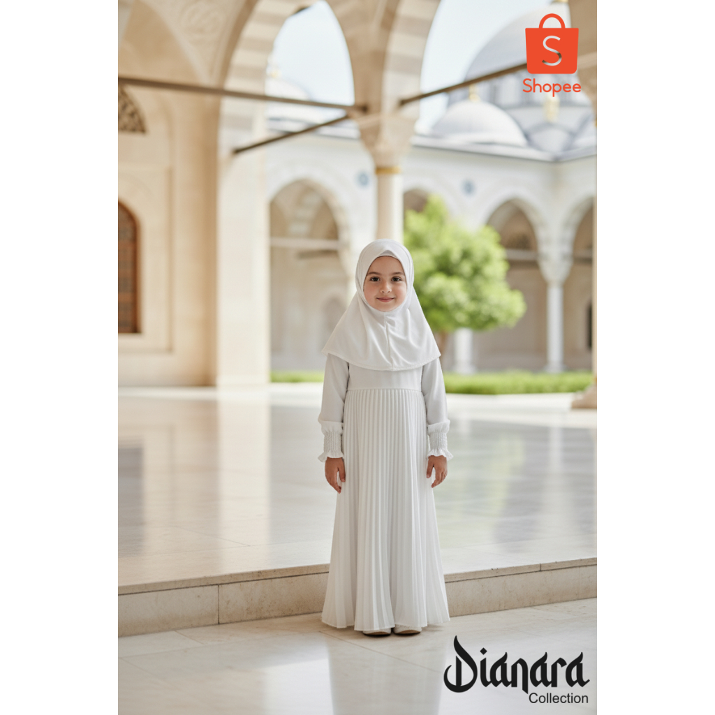 Dianara Gamis + Hijab Anak Putih Manasik Plisket Luna Series buat usia 1-12 Tahun