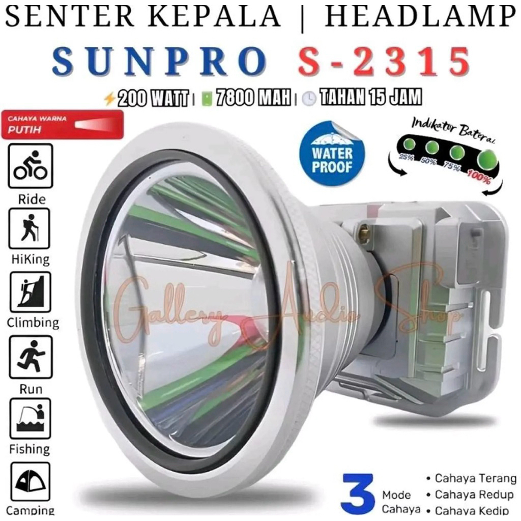 Senter Kepala Super Terang SUNPRO S-2315 200 Watt | Headlamp LED Cahaya Putih Sunpro S-2315 Anti Air