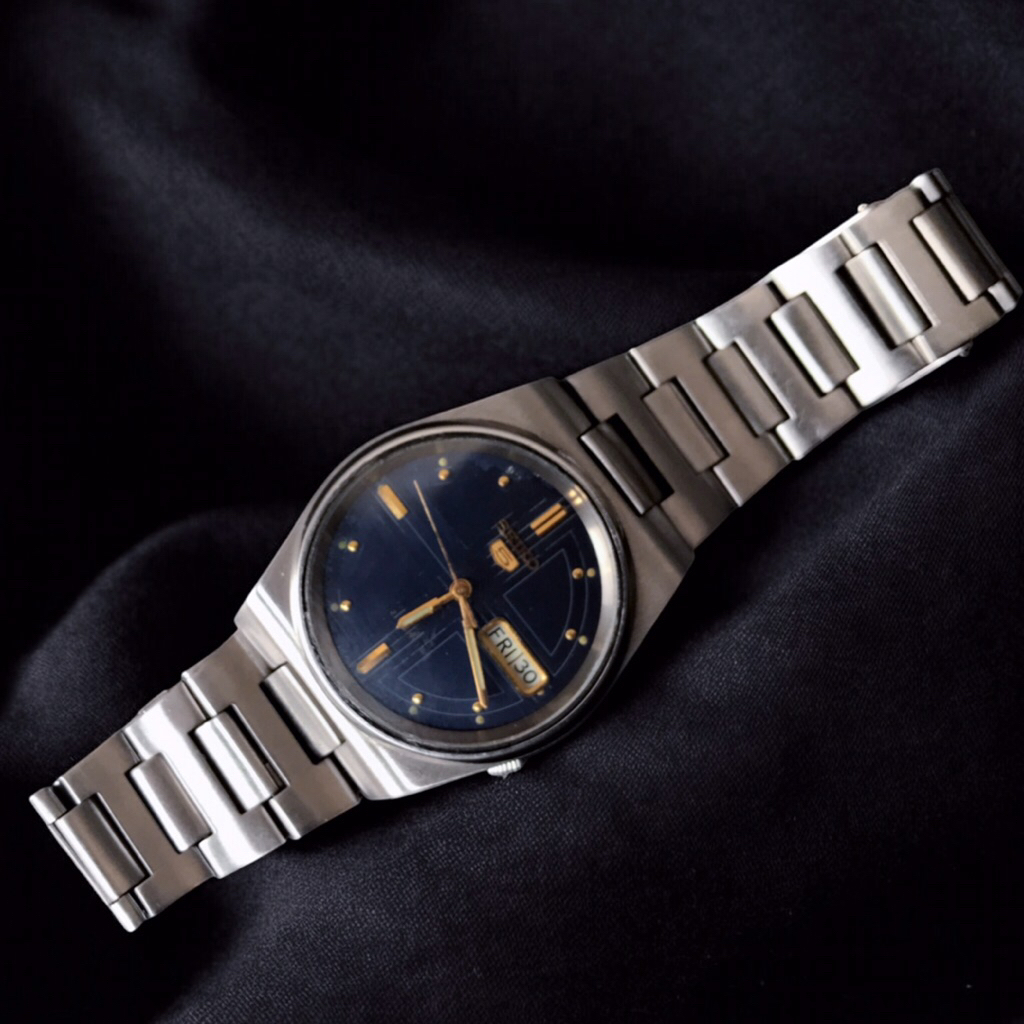 JAM TANGAN AUTOMATIC SEIKO 5 BLUE DIAL BACK GLASS