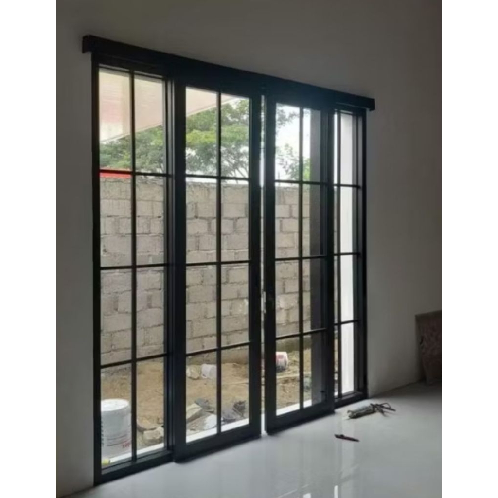 kusen pintu Aluminium seleding full kaca geser kanan kiri +jendela mati kanan kiri T 220 L 200 lengk