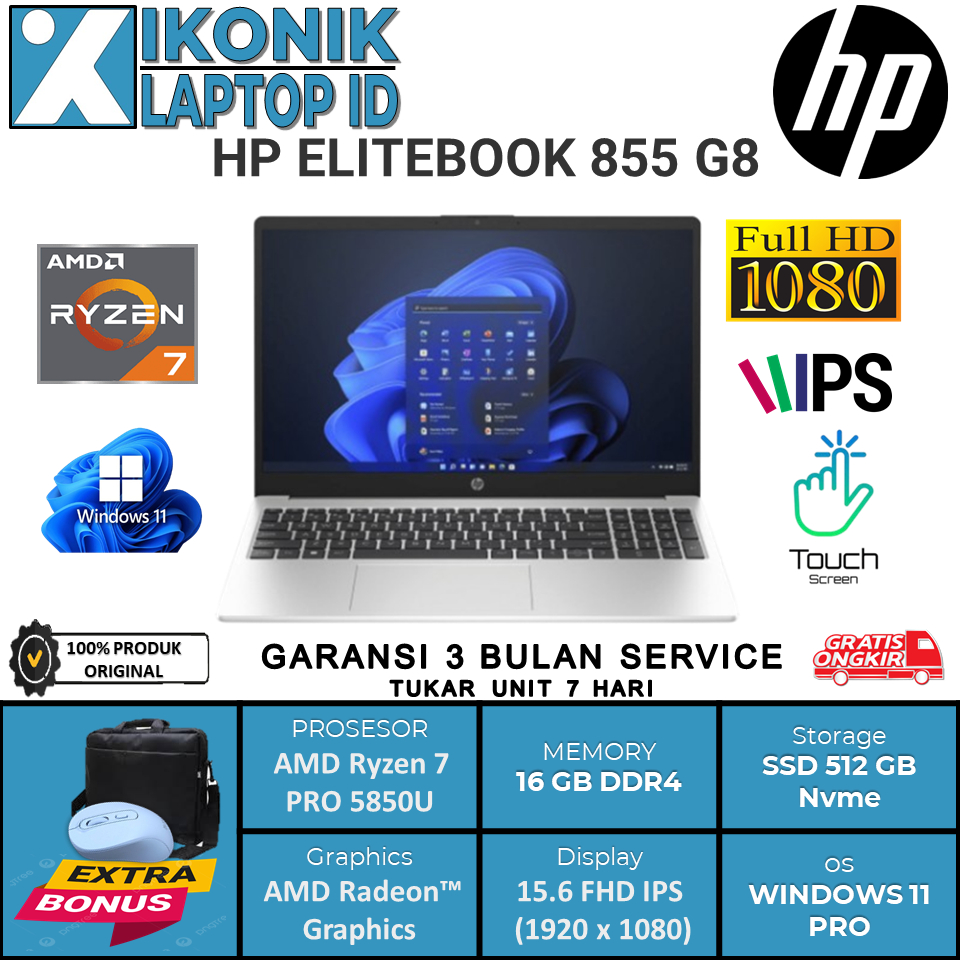 Laptop Toushcreen HP ELITEBOOK 855 G8 AMD RYZEN7 PRO 5850U 16GB 256GB 15.6 FHD IPS TOUCH FP WIN10PRO