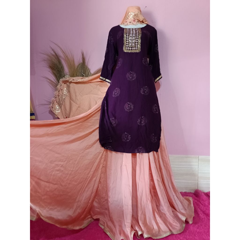BAJU INDIA/ KURTI KATUN PO SET ROK UNGU PEACH/ ROK MEGAR LEBAR PANJANG