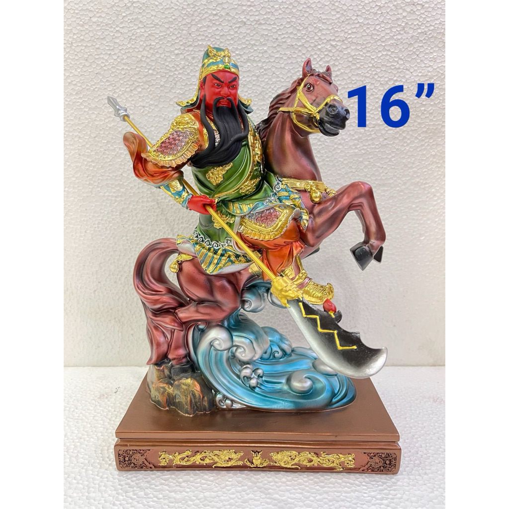 patung dewa kwan kong naik kuda / guan gong kuda 16in bahan resin L2