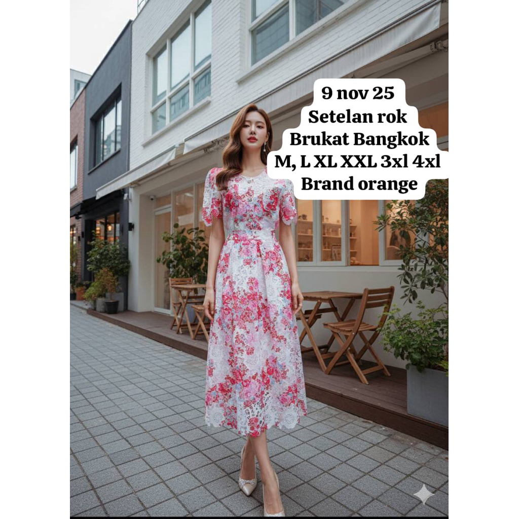 LONGDRESS SETELAN ROK BRUKAT BANGKOK ORANGE GAUN FLOWER MODIS